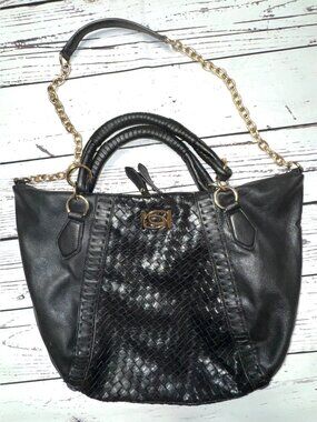 Bebe Black Woven Faux Leather Hobo Bag With Gold Chain Strap